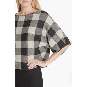Eileen Fisher Buffalo Organic Linen Check Plaid Boxy Cropped Sweater Top LG
